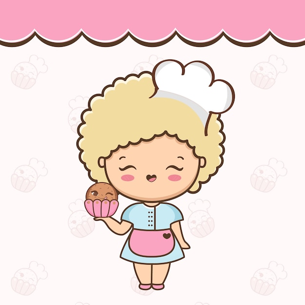 Ragazza carina cartone animato con illustrazione cupcake vettoriale