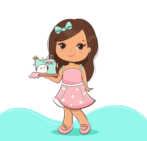 Cartoon cute girl with sewing machine illustration vector