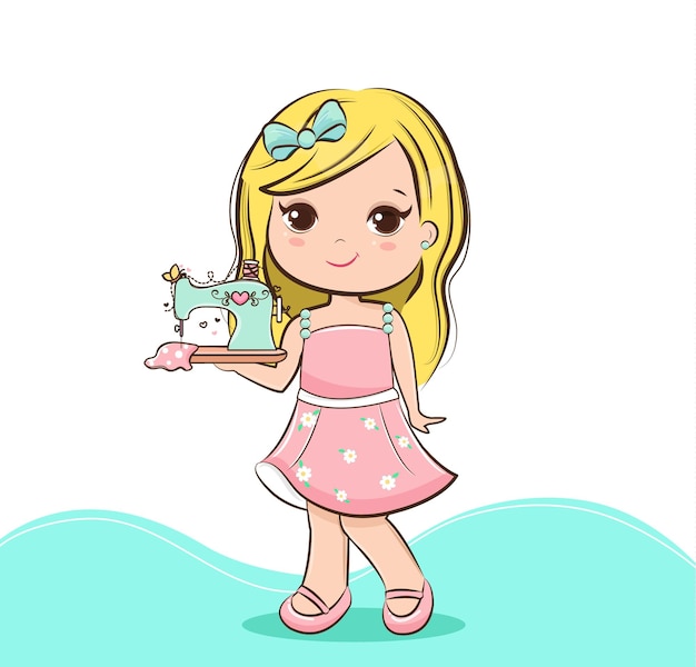 Cartoon cute girl with sewing machine illustration vector