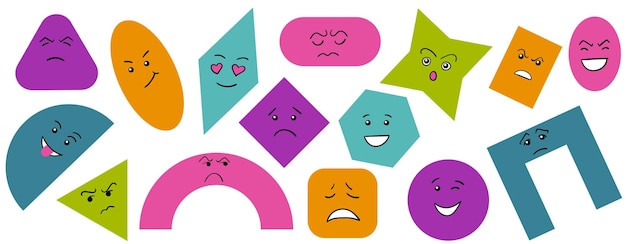 Vector cartoon cute graphic shapes with positive and negative emotions