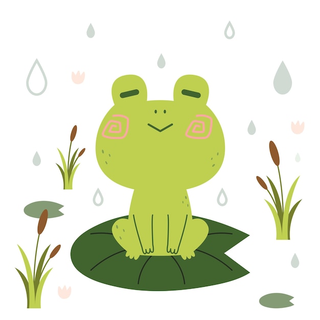 Cartoon cute green frog sitting on water Lilly illustration