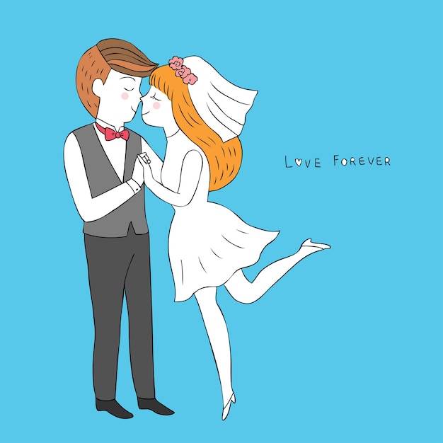 Cartoon cute groom kiss bride and  wedding vector.