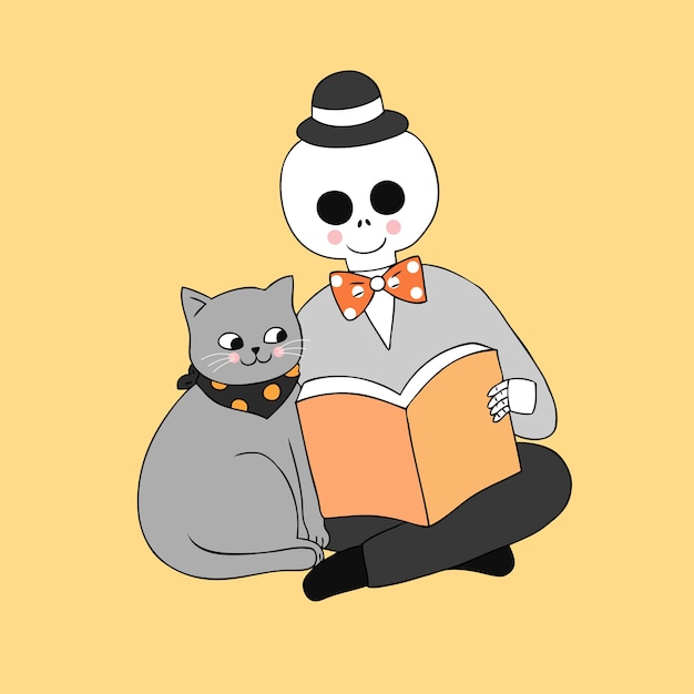 漫画かわいいハロウィンの猫と頭蓋骨の読書ベクトル。