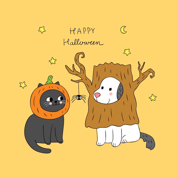 Cartoon cute Halloween cat and dog vector.