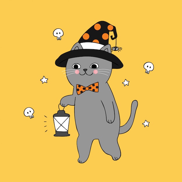 漫画かわいいハロウィーンの猫と光のベクトル。