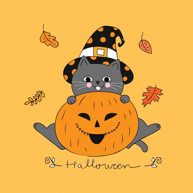 Cartoon cute Halloween cat and pumpkin vector.