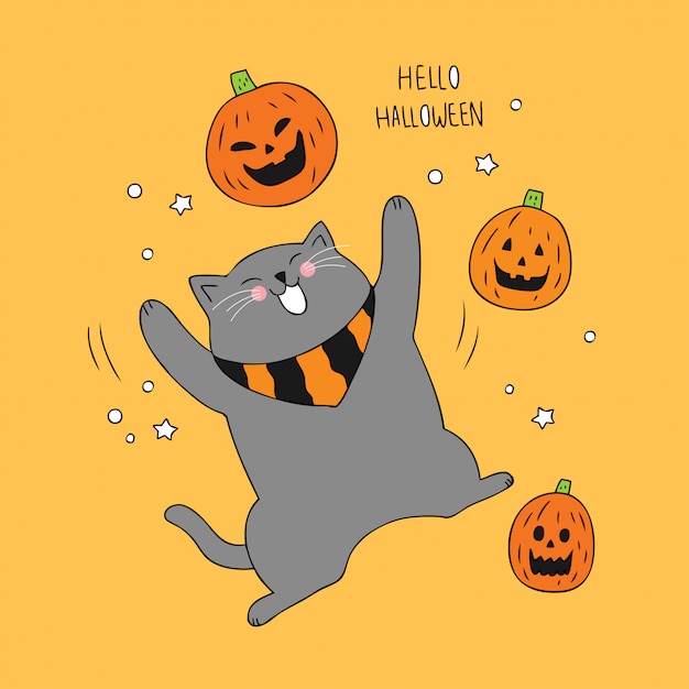 cartoon cute halloween cat and pumpkin vector.