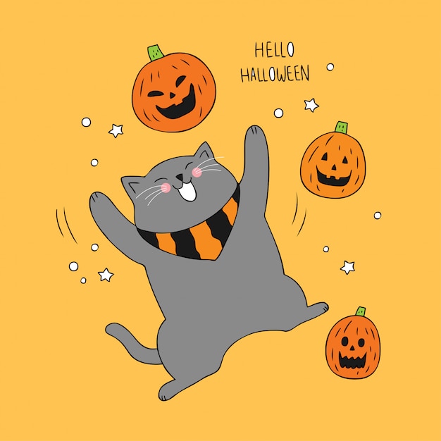 Cartoon cute Halloween cat and pumpkin vector.