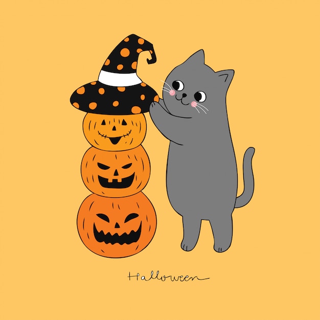 漫画かわいいハロウィーンの猫とカボチャのベクトル。