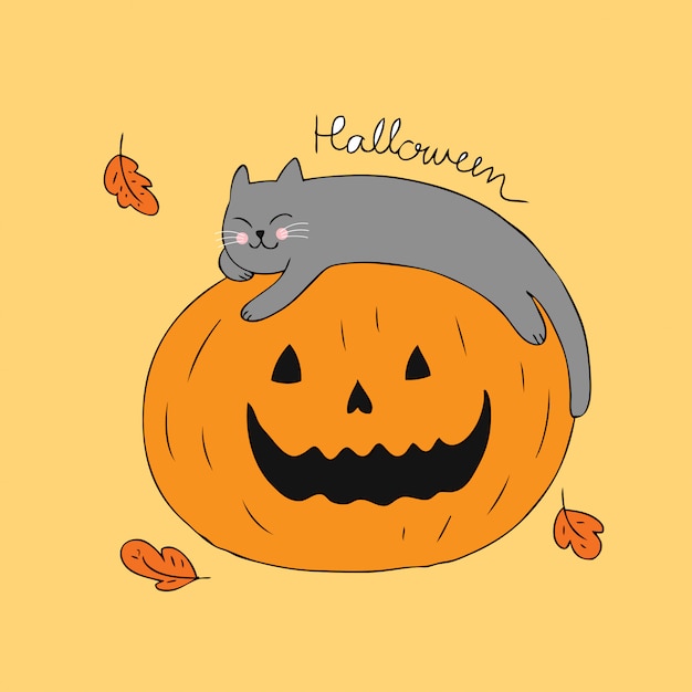 Cartoon cute Halloween cat and pumpkin vector.