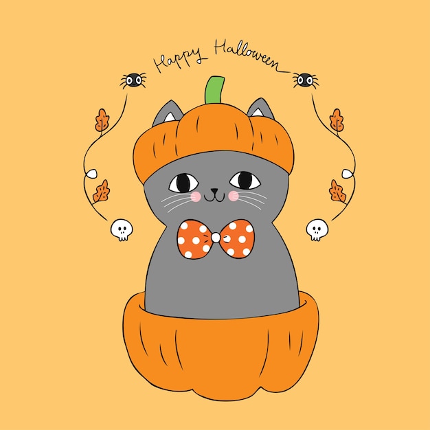 Cartoon cute Halloween cat and pumpkin vector.