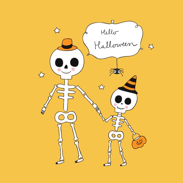 Cartoon cute Halloween dad and baby skeletons vector.