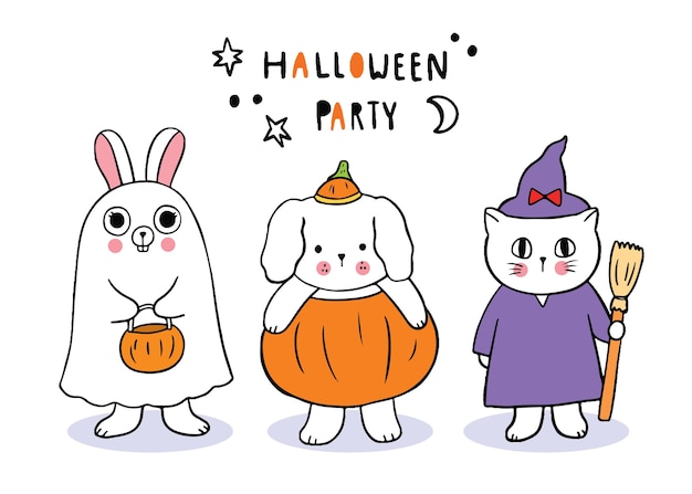 Cartone animato carino giorno di halloween, coniglio e cane e gatto dolcetto o scherzetto
