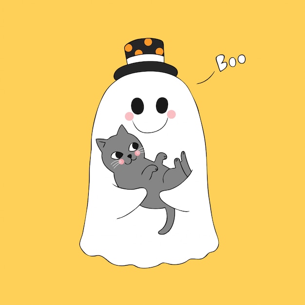 漫画かわいいハロウィーンの幽霊と猫のベクトル。