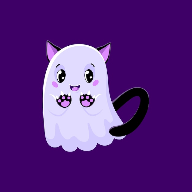 Vector cartoon cute halloween kawaii ghost or devil cat kitten vector funny character for horror holiday halloween night spooky ghost or devil kitty with paws and pink horns for trick or treat party