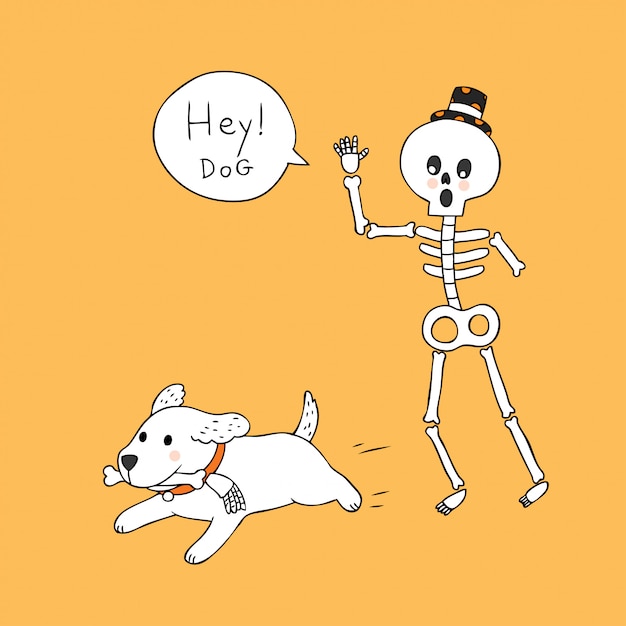 귀여운 할로윈 해골과 개 벡터 만화.