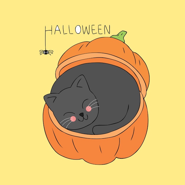 Cartoon cute Halloween sleeping cat and pumpkin vector.