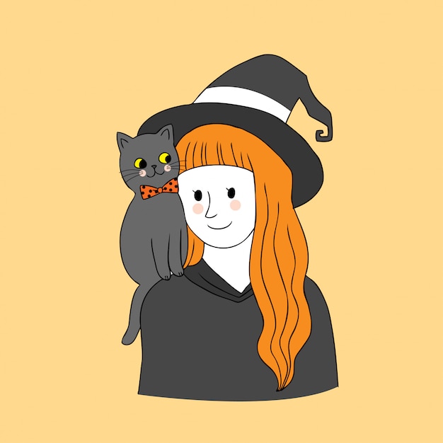 Cartoon cute halloween witch and cat vector.