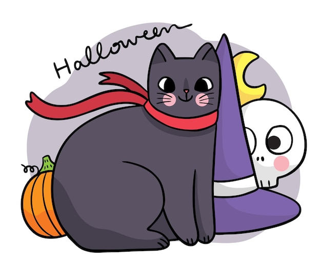 Cartoon cute hand draw witch black cat and pumpkin and head skeletion halloween day vector