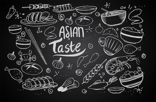 漫画のかわいい手描きの日本食のシームレスなパターン。たくさんのオブジェクトの背景を持つ線画。無限の面白いベクトルイラスト。アジア料理のシンボルとアイテムと大ざっぱな背景