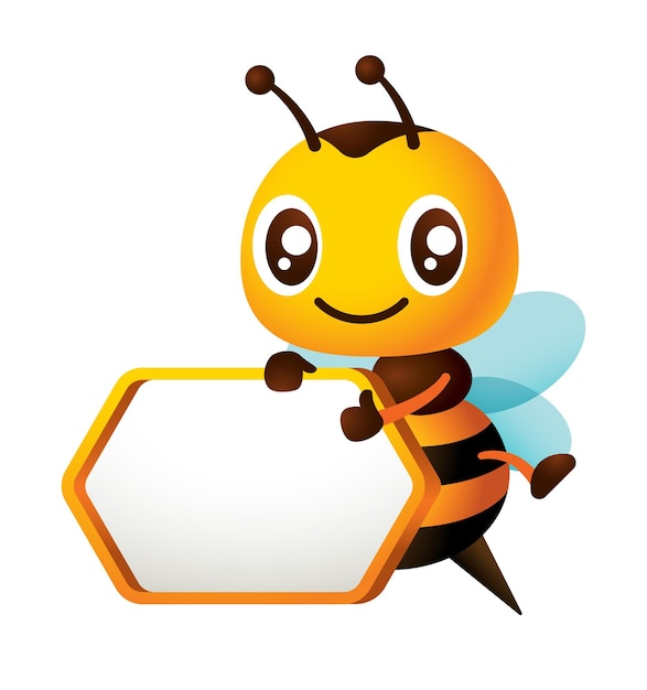 Cartone animato carino felice ape pollice in alto e tenendo cartello vuoto a forma di nido d'ape con cornice gialla