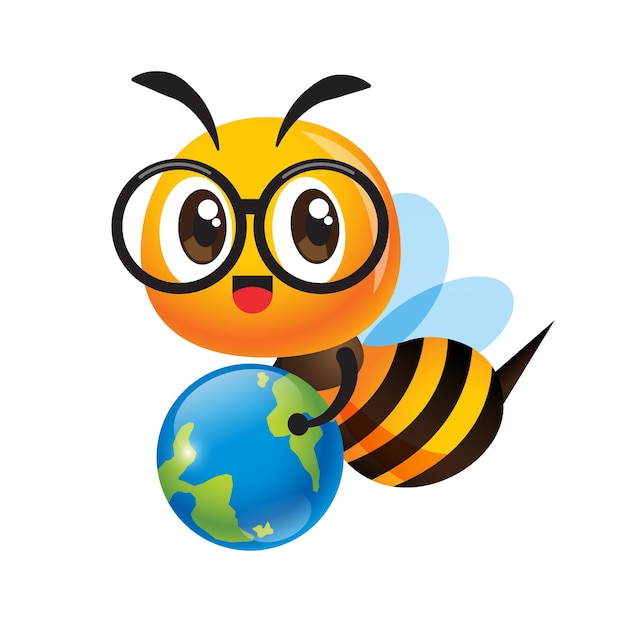 Cartoon cute happy bee with eye glasses carrying a globe to protect the earth