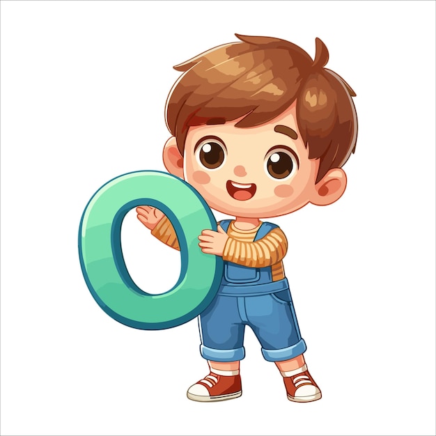 Vector cartoon cute happy little boy holding alphabet letter o vector