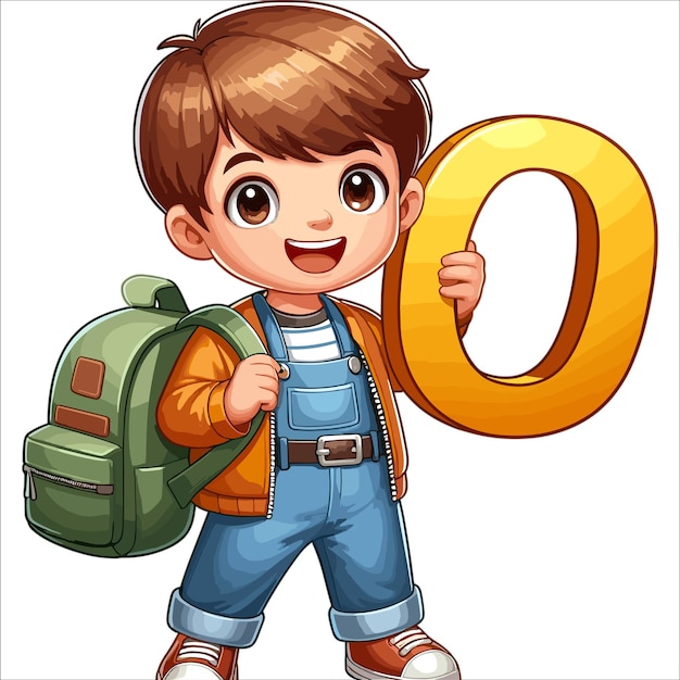 Vector cartoon cute happy little boy holding alphabet letter o vector