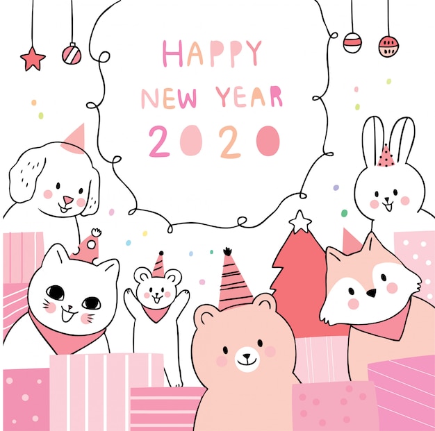 漫画かわいい新年あけましておめでとうございます、動物パーティー。