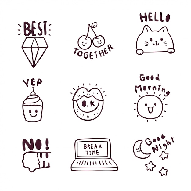 Vector cartoon cute icon doodle set