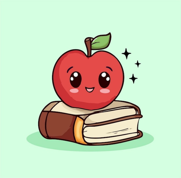 Cartoon cute illustration of an apple on a stack of books