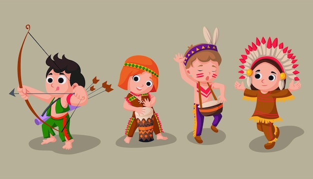Cartoon cute indian american tribal population set live in the desert vector illustration