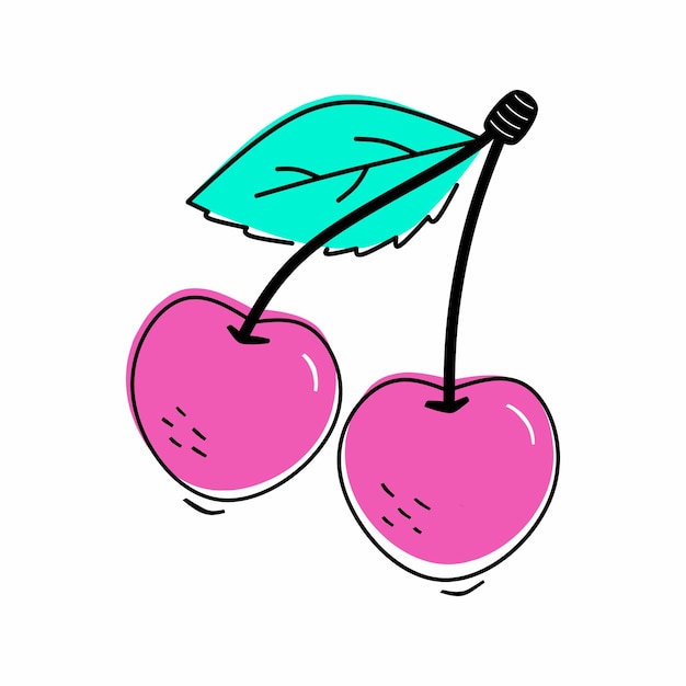 Cartoon cute juicy cherries with a leaf