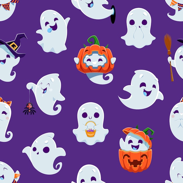 Cartoon cute kawaii halloween ghost monsters seamless pattern vector background halloween holiday horror night pattern of funny spooky ghosts with boo faces in pumpkin in witch hat with spider toy