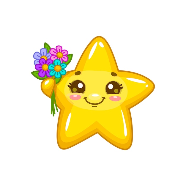 Cartoon cute kawaii star with a bouquet of flowers