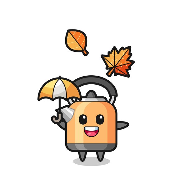 Cartoon of the cute kettle holding an umbrella in autumn , cute style design for t shirt, sticker, logo element