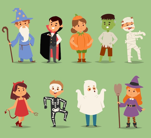 Cartoon cute kids wearing halloween costumes