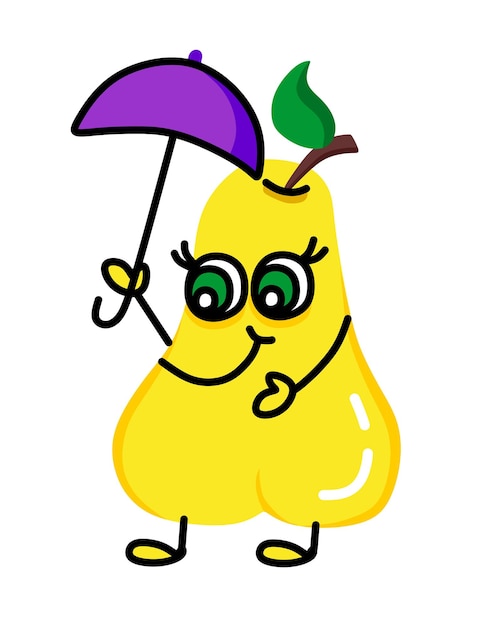 Мультяшная милая добрая желтая иллюстрация груши с красивыми глазами стоит под зонтиком