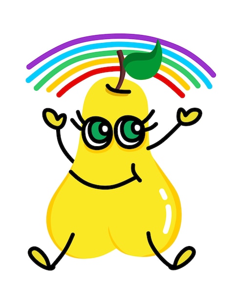 Vector cartoon cute kind yellow illustration of a pear with beautiful eyes rejoices in a rainbow