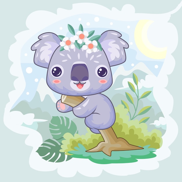 Cartoon cute koala perching on a tree isolated beautiful forest view