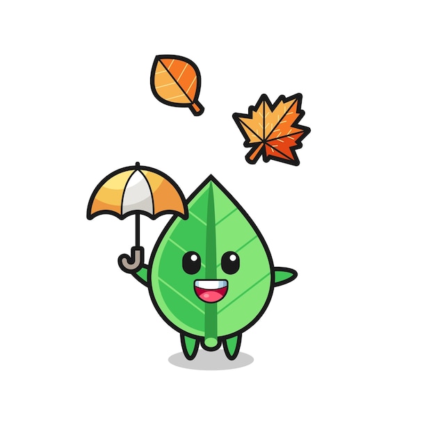 Vector cartoon of the cute leaf holding an umbrella in autumn