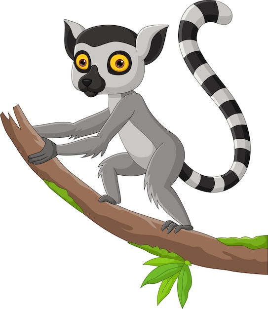 Cartoon cute lemur on tree branch