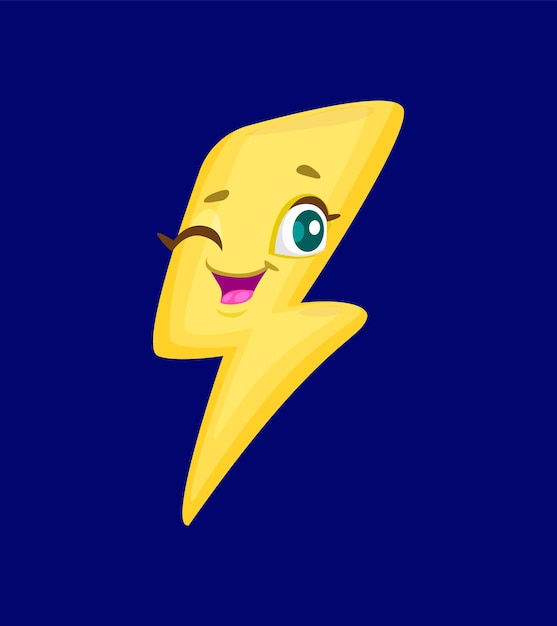 Cartoon cute lightning character playful and energetic thunderstroke bolt with smiling happy face and wink eye Isolated vector children book game weather forecast app personage Symbol of energy