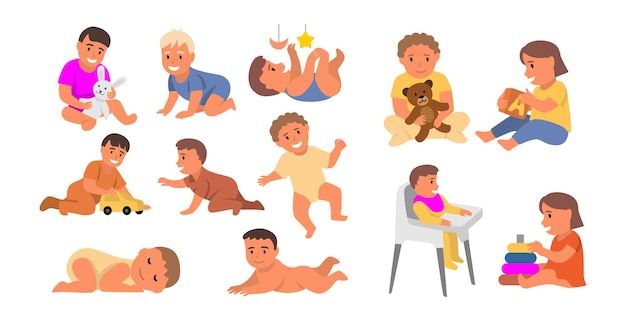 Vector cartoon cute little babies set child boy sleeping sitting crawling