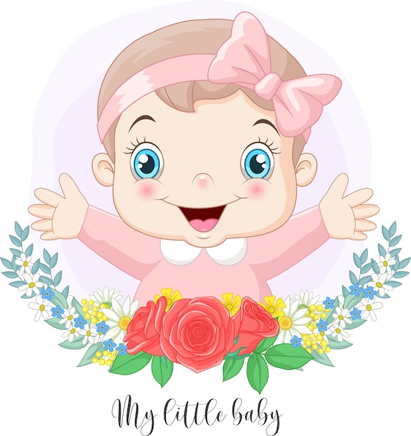 Cartoon cute little baby girl with flowers background