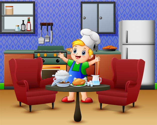 Cartoon cute little boy in apron and chef's hat