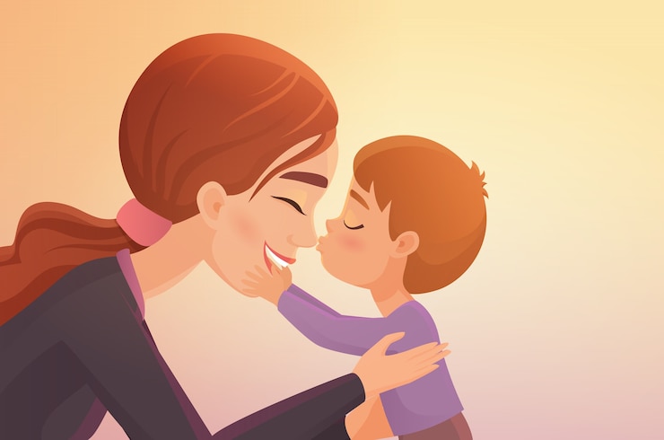 Vector cartoon cute little boy kisses his happy mother