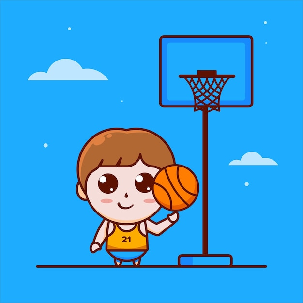 Cartoon cute little boy playing basketball with smiling icon vector illustration