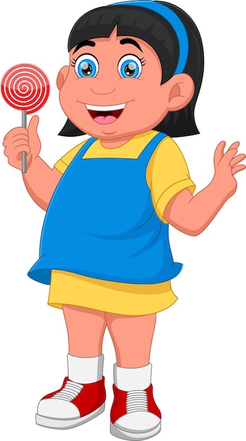 Vector cartoon cute little girl holding lollipop