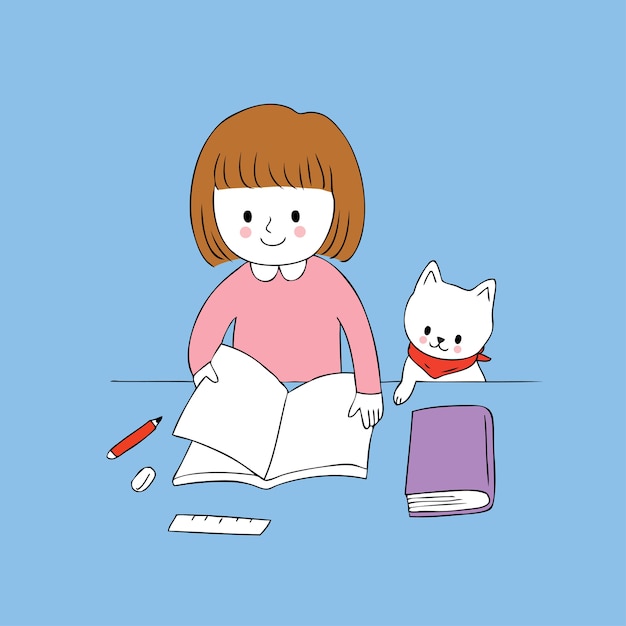 Cartoon cute little girl reading a book and cat vector.